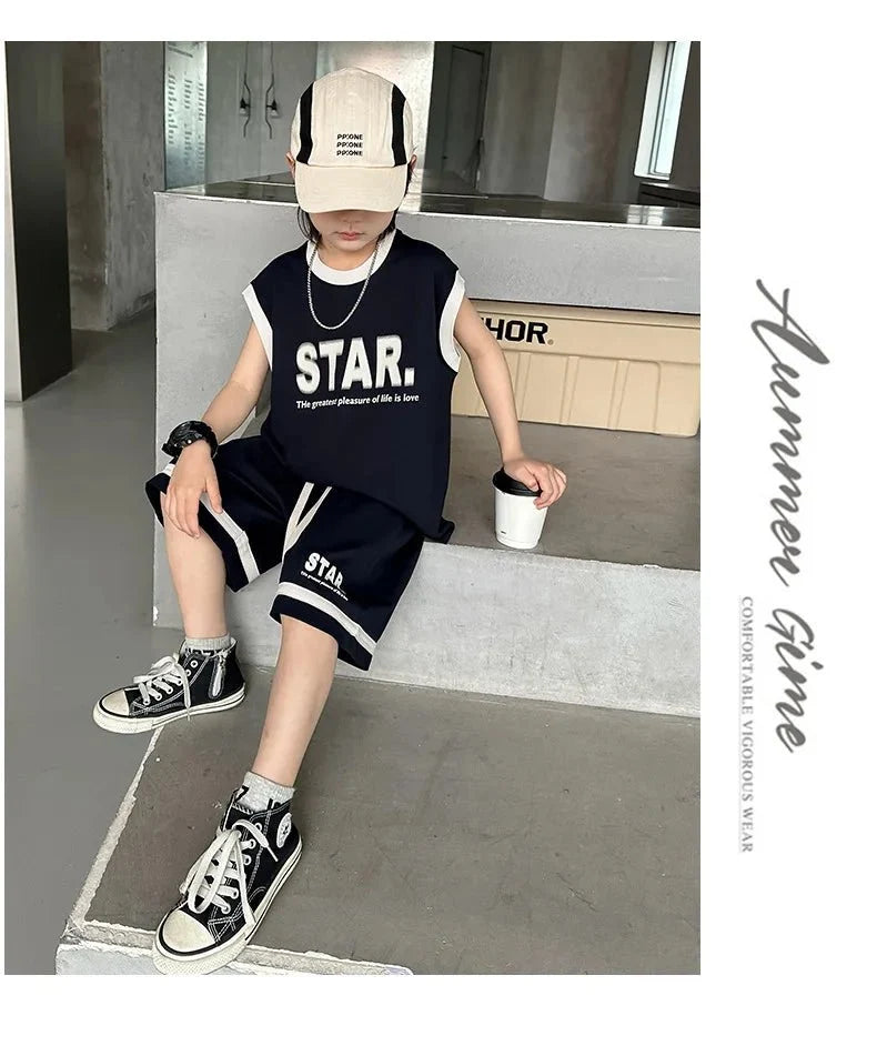 Boys Basketball Jerseys New Fashion Vest + Shorts 2Pcs Boys Clothing Sets Teenagers Kids Clothes - Boys Summer & Party