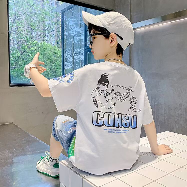 Boys Casual Cartoon Gradient T-shirt jeans Suit Medium And Large Children Two-piece Set - T-shirt Set - Baby's World (view 4)