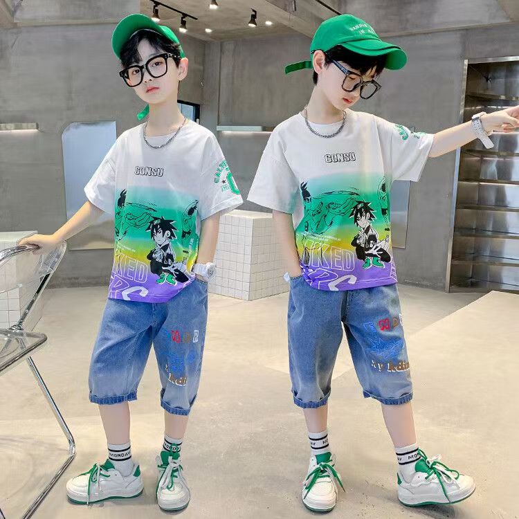 Boys Casual Cartoon Gradient T-shirt jeans Suit Medium And Large Children Two-piece Set - T-shirt Set - Baby's World (view 9)