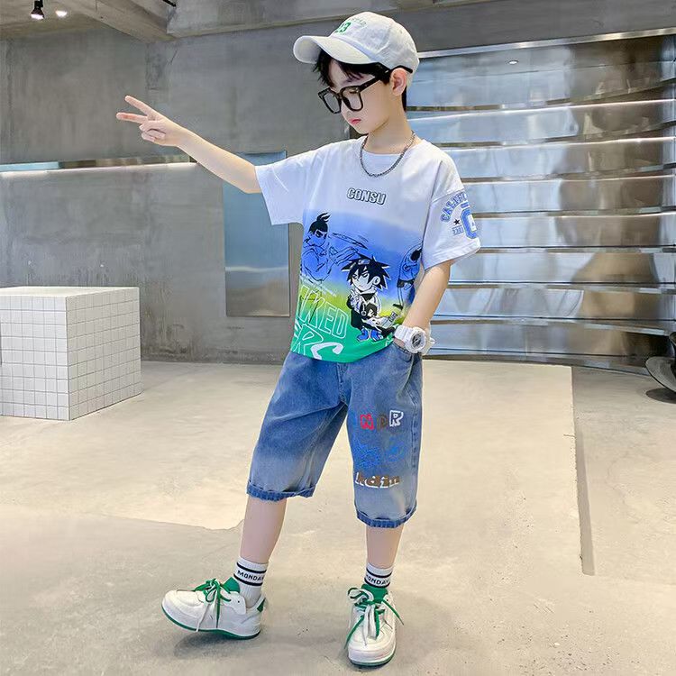 Boys Casual Cartoon Gradient T-shirt jeans Suit Medium And Large Children Two-piece Set - T-shirt Set - Baby's World (view 7)