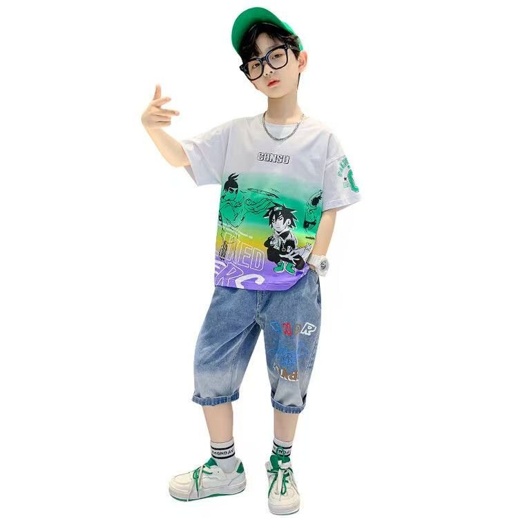 Boys Casual Cartoon Gradient T-shirt jeans Suit Medium And Large Children Two-piece Set - T-shirt Set - Baby's World (view 3)