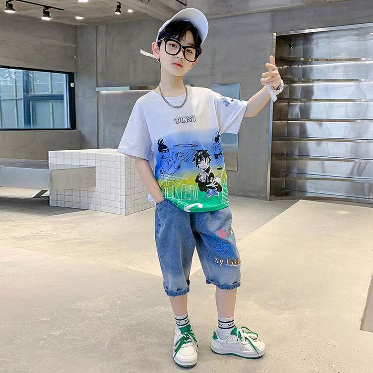 Boys Casual Cartoon Gradient T-shirt jeans Suit Medium And Large Children Two-piece Set - T-shirt Set - Baby's World (view 5)