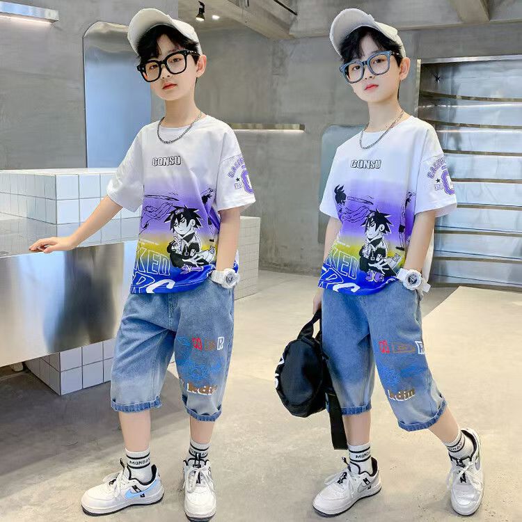 Boys Casual Cartoon Gradient T-shirt jeans Suit Medium And Large Children Two-piece Set - T-shirt Set - Baby's World (view 8)