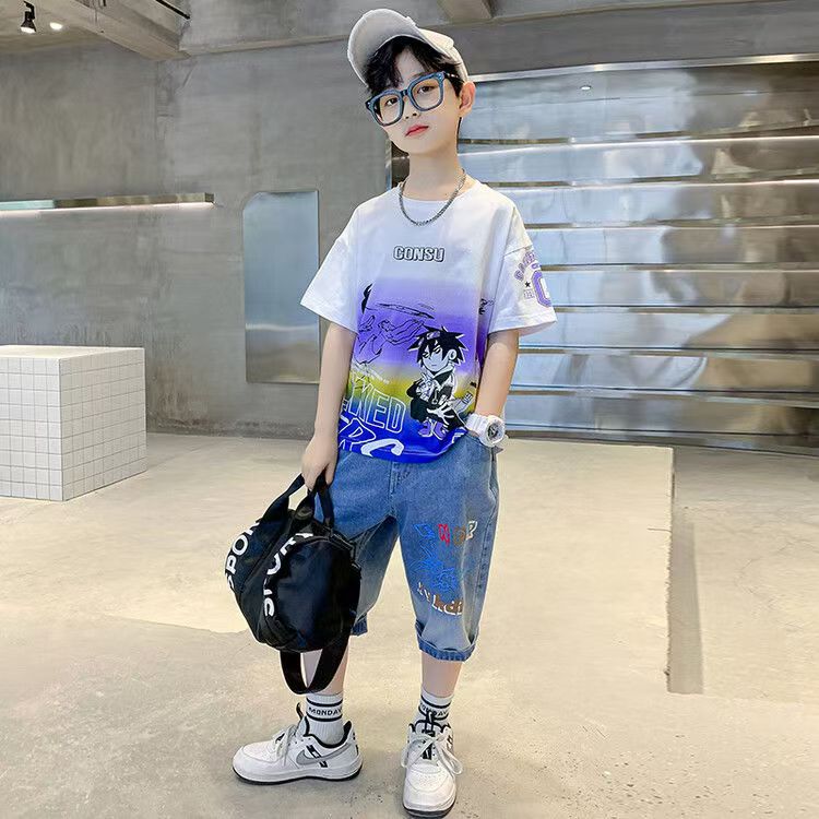 Boys Casual Cartoon Gradient T-shirt jeans Suit Medium And Large Children Two-piece Set - T-shirt Set - Baby's World (view