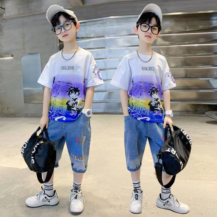 Boys Casual Cartoon Gradient T-shirt jeans Suit Medium And Large Children Two-piece Set - T-shirt Set - Baby's World (view