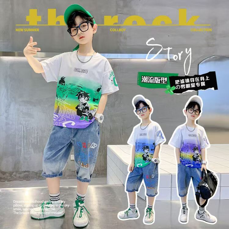 Boys Casual Cartoon Gradient T-shirt jeans Suit Medium And Large Children Two-piece Set - T-shirt Set - Baby's World (view 6)