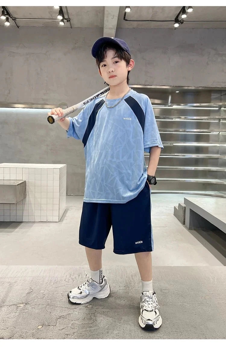 Boys Clothes Sets Summer Kids Sport Short Sleeve T-shirt + Shorts 2 Pieces Suit Teenage Child Outfits For 5 6 8 10 12 14 Years - Mom & Kids
