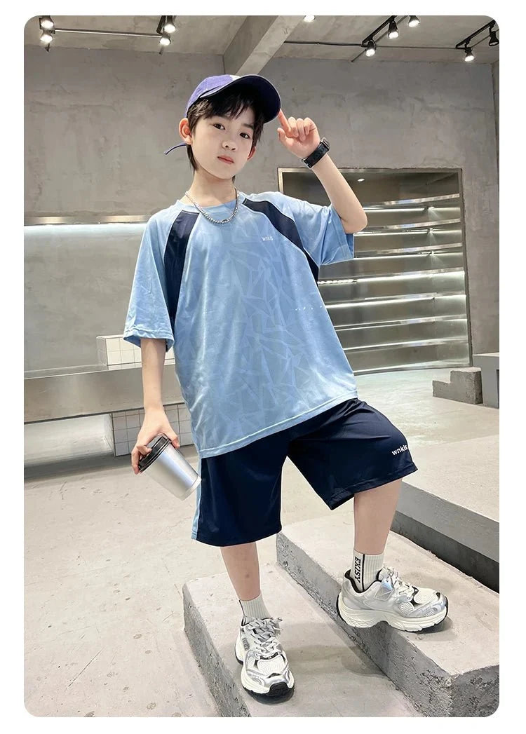 Boys Clothes Sets Summer Kids Sport Short Sleeve T-shirt + Shorts 2 Pieces Suit Teenage Child Outfits For 5 6 8 10 12 14 Years - Mom & Kids