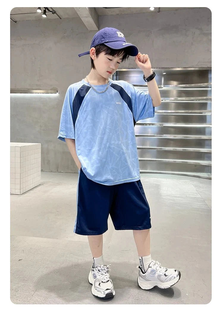 Boys Clothes Sets Summer Kids Sport Short Sleeve T-shirt + Shorts 2 Pieces Suit Teenage Child Outfits For 5 6 8 10 12 14 Years - Mom & Kids