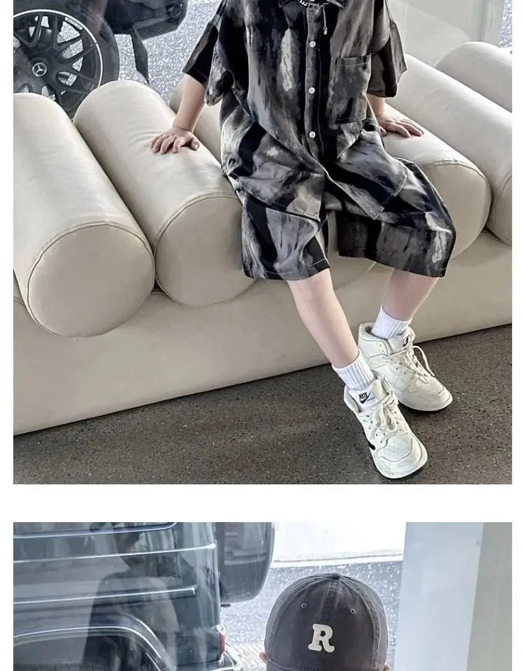 Boys Fashion Summer Tye-die Short Sleeve Shirts+Pants 2pcs Suits Years Kids Trend Streetwear Oufits Sets Children Clothing