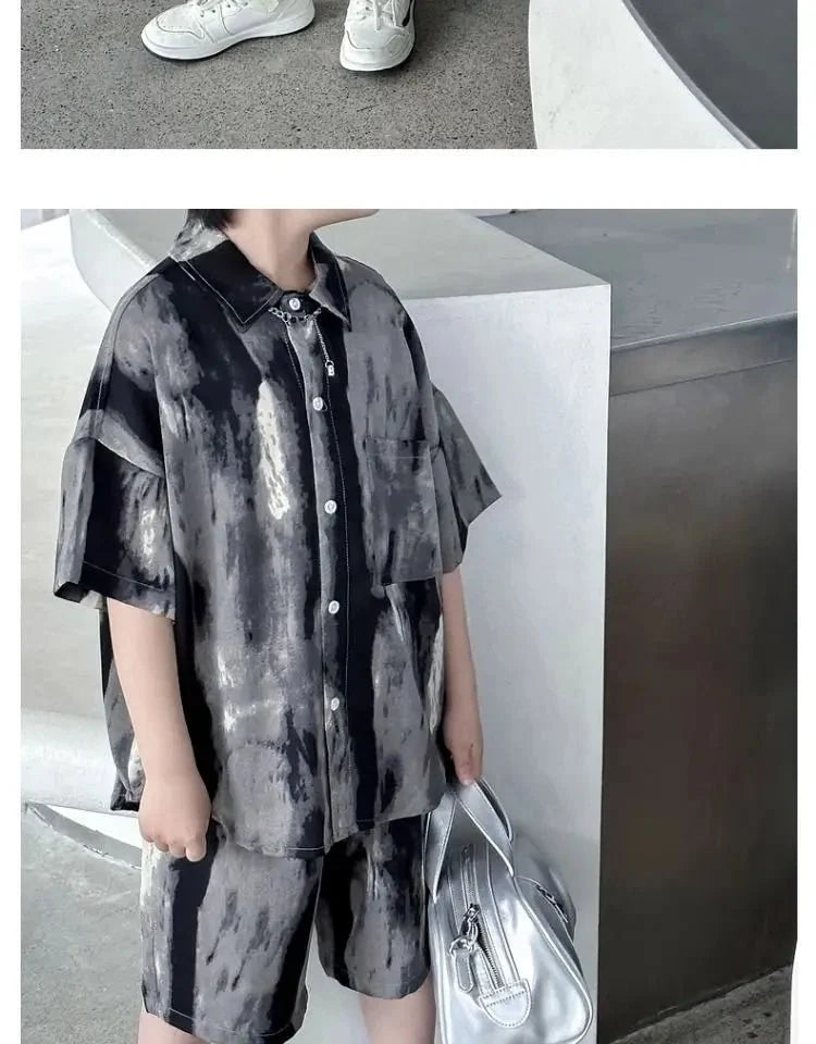 Boys Fashion Summer Tye-die Short Sleeve Shirts+Pants 2pcs Suits Years Kids Trend Streetwear Oufits Sets Children Clothing