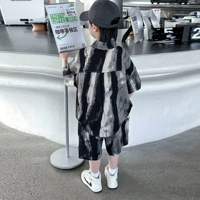 Boys Fashion Summer Tye-die Short Sleeve Shirts+Pants 2pcs Suits Years Kids Trend Streetwear Oufits Sets Children Clothing