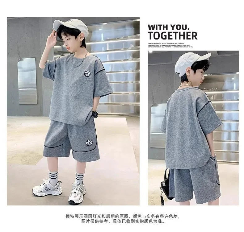 Boys Suit Child set Clothes Short-Sleeved loose black t-shirt + half pants Teenager Tracksuits Kids 8 10 12 year - Boys