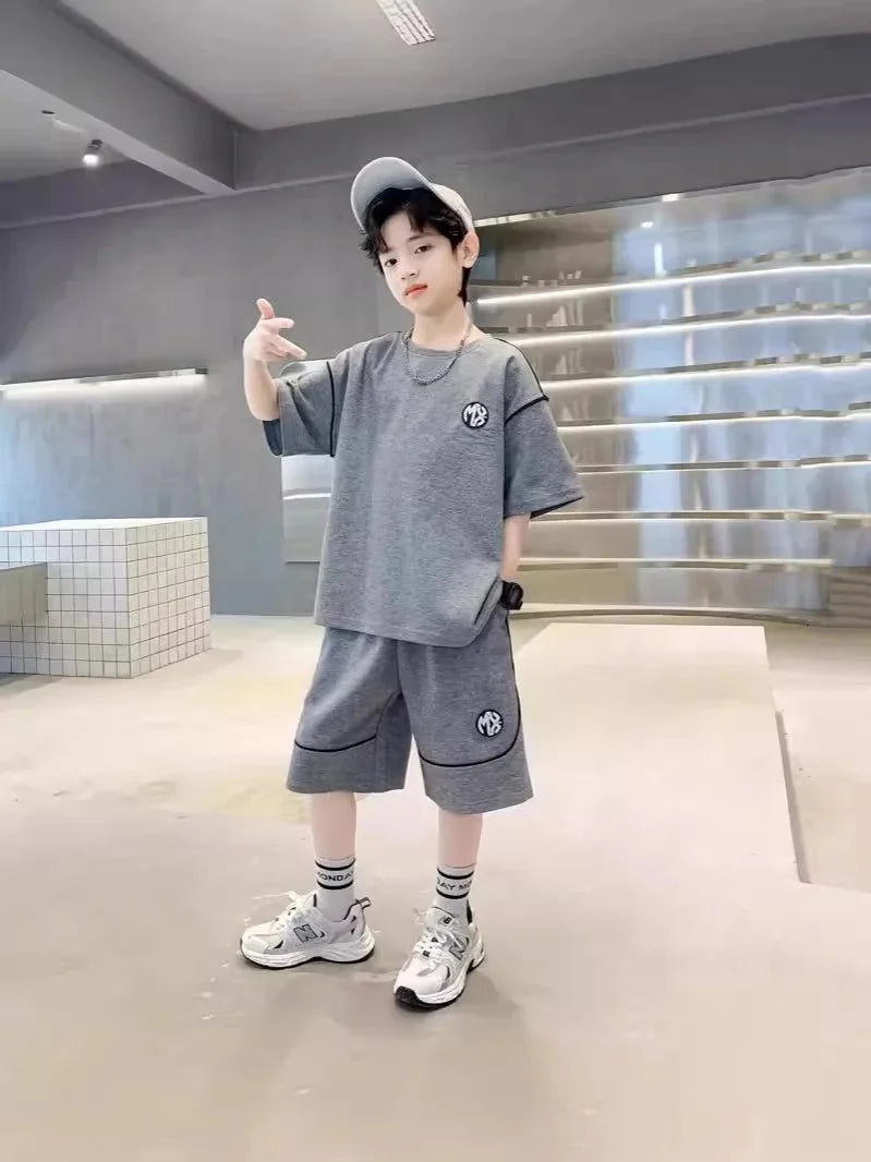 Boys Suit Child set Clothes Short-Sleeved loose black t-shirt + half pants Teenager Tracksuits Kids 8 10 12 year - Boys
