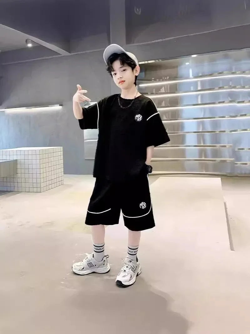 Boys Suit Child set Clothes Short-Sleeved loose black t-shirt + half pants Teenager Tracksuits Kids 8 10 12 year - Boys