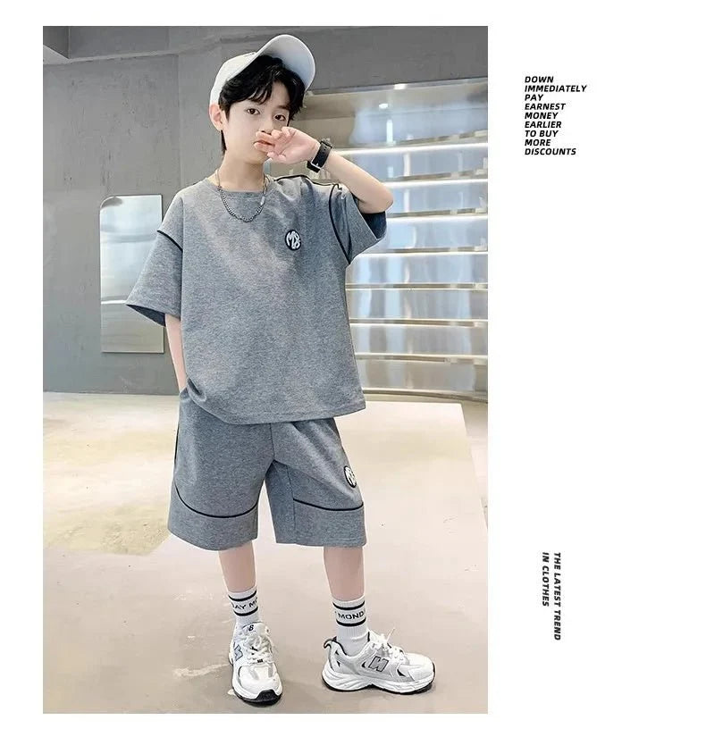 Boys Suit Child set Clothes Short-Sleeved loose black t-shirt + half pants Teenager Tracksuits Kids 8 10 12 year - Boys