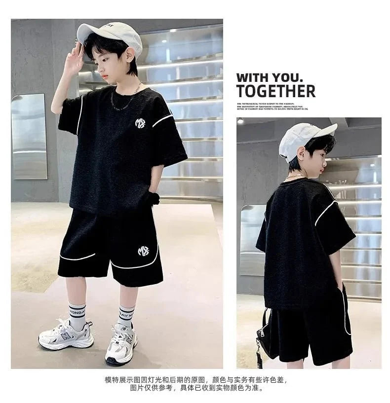 Boys Suit Child set Clothes Short-Sleeved loose black t-shirt + half pants Teenager Tracksuits Kids 8 10 12 year - Boys