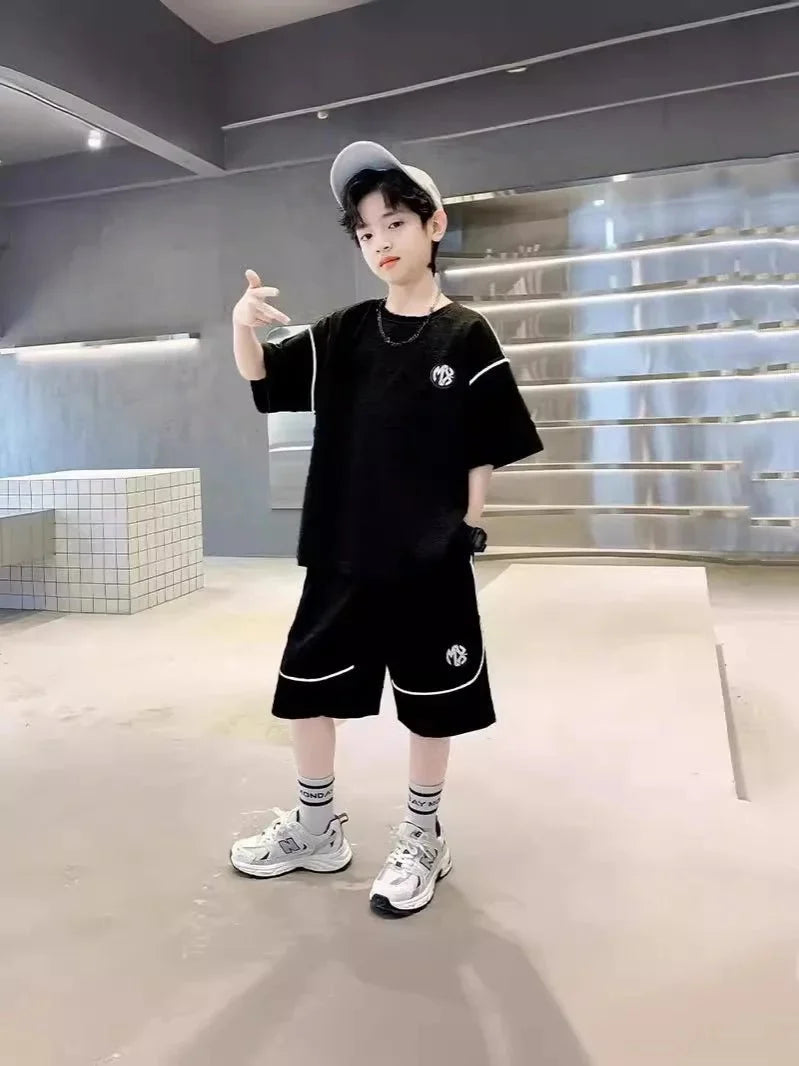 Boys Suit Child set Clothes Short-Sleeved loose black t-shirt + half pants Teenager Tracksuits Kids 8 10 12 year - Boys