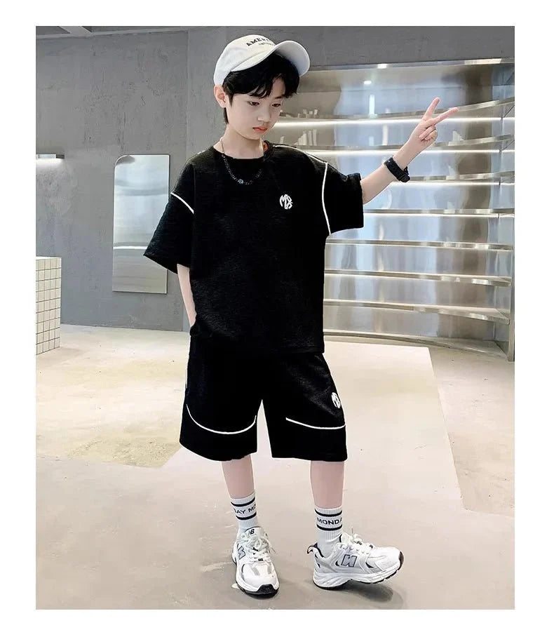 Boys Suit Child set Clothes Short-Sleeved loose black t-shirt + half pants Teenager Tracksuits Kids 8 10 12 year - Boys