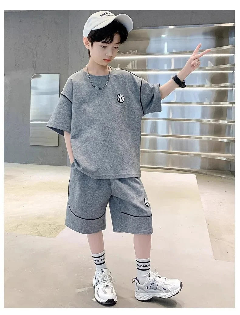 Boys Suit Child set Clothes Short-Sleeved loose black t-shirt + half pants Teenager Tracksuits Kids 8 10 12 year - Boys