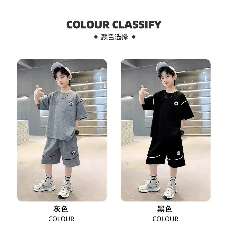 Boys Suit Child set Clothes Short-Sleeved loose black t-shirt + half pants Teenager Tracksuits Kids 8 10 12 year - Boys