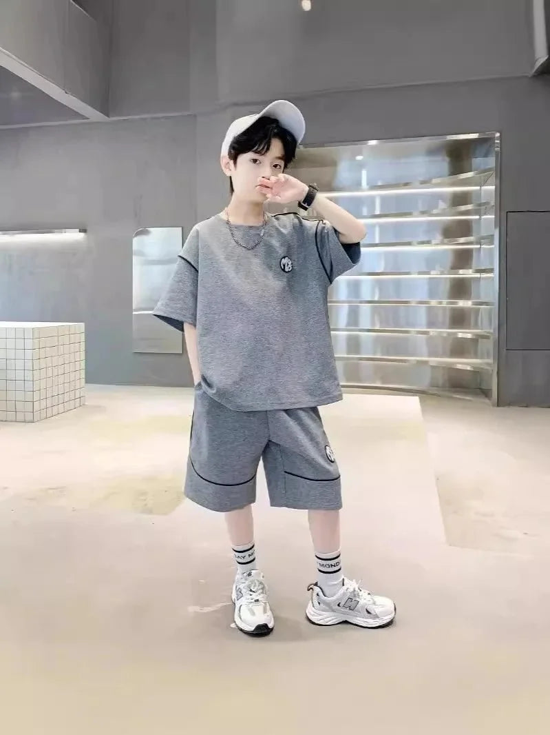 Boys Suit Child set Clothes Short-Sleeved loose black t-shirt + half pants Teenager Tracksuits Kids 8 10 12 year - Boys