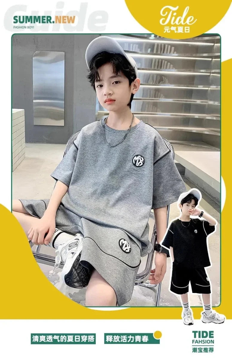 Boys Suit Child set Clothes Short-Sleeved loose black t-shirt + half pants Teenager Tracksuits Kids 8 10 12 year - Boys