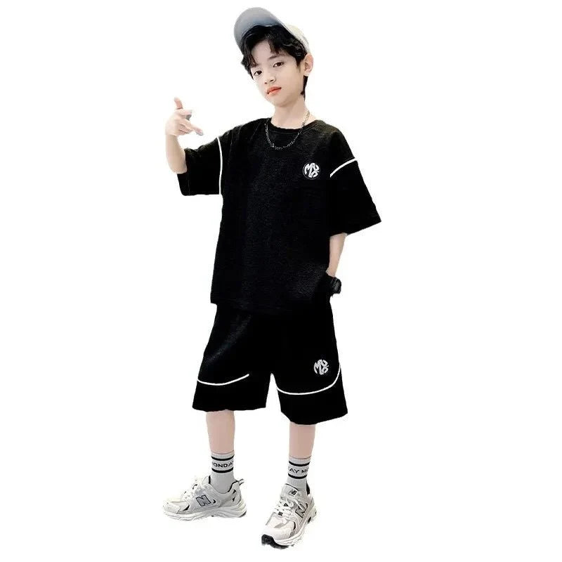 Boys Suit Child set Clothes Short-Sleeved loose black t-shirt + half pants Teenager Tracksuits Kids 8 10 12 year - Boys