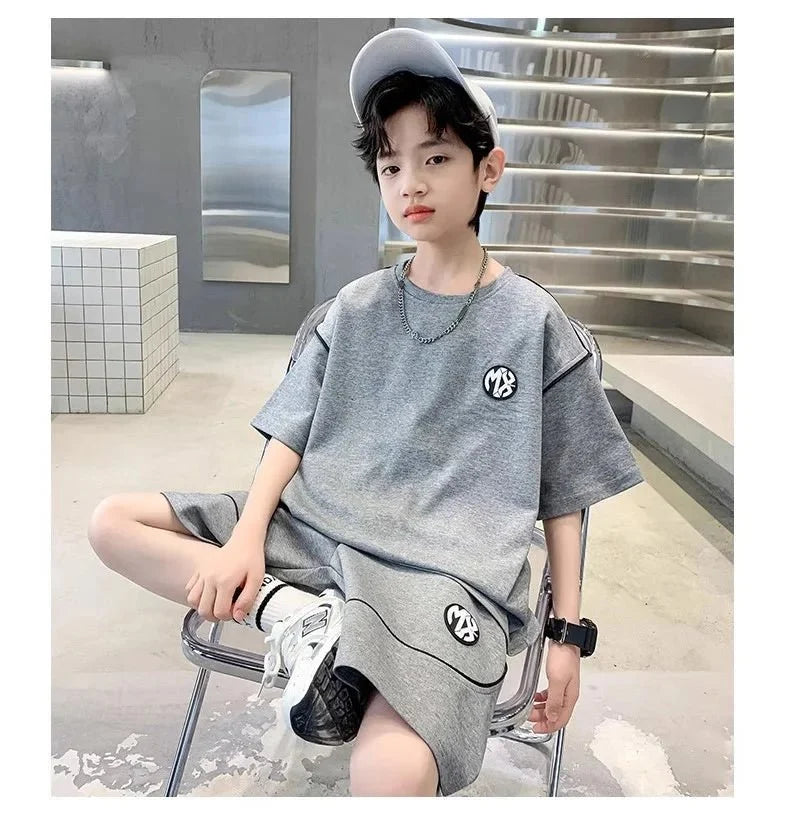 Boys Suit Child set Clothes Short-Sleeved loose black t-shirt + half pants Teenager Tracksuits Kids 8 10 12 year - Boys