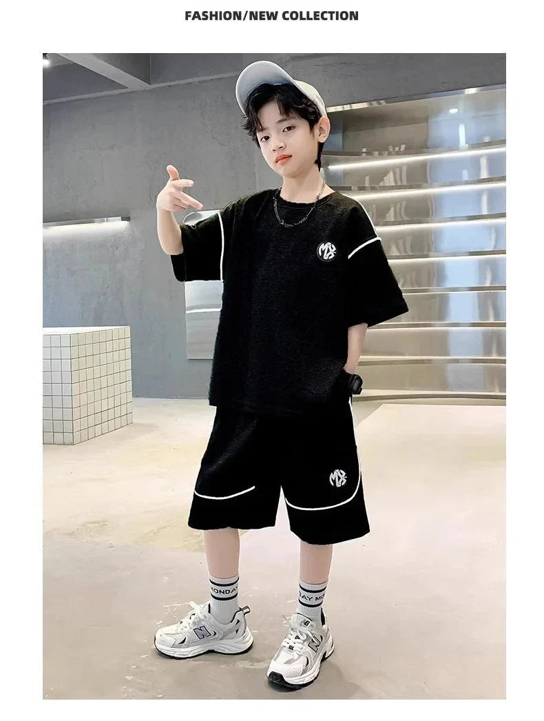 Boys Suit Child set Clothes Short-Sleeved loose black t-shirt + half pants Teenager Tracksuits Kids 8 10 12 year - Boys
