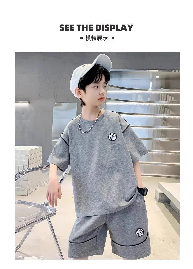 Boys Suit Child set Clothes Short-Sleeved loose black t-shirt + half pants Teenager Tracksuits Kids 8 10 12 year - Boys