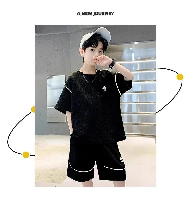 Boys Suit Child set Clothes Short-Sleeved loose black t-shirt + half pants Teenager Tracksuits Kids 8 10 12 year - Boys