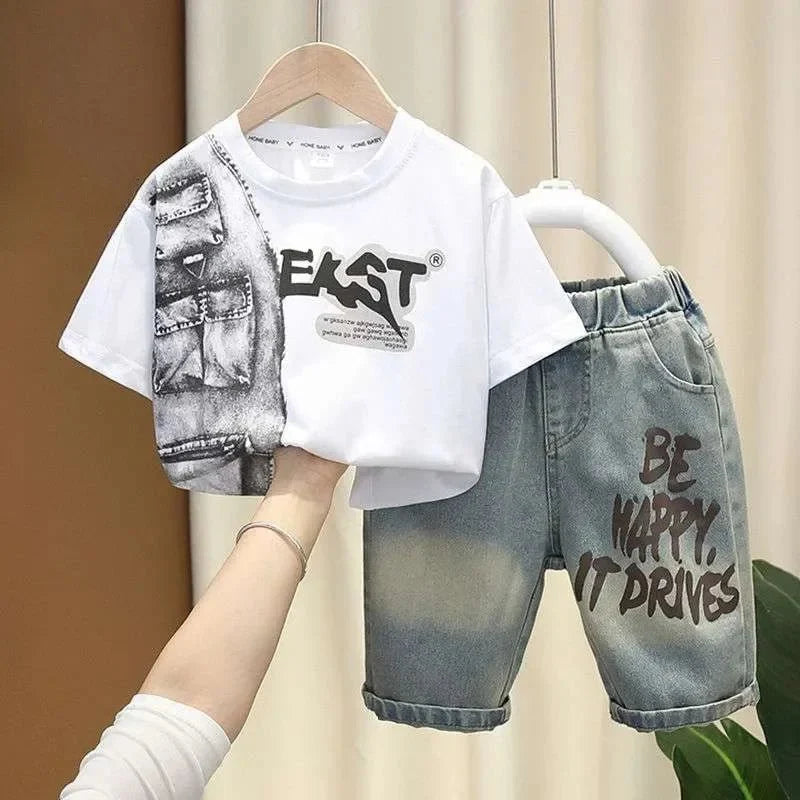 Boys Summer Clothing Set Letter Print Short Sleeved T-shirt+Denim Shorts 2Pcs Suit For Kids Handsome Casual Outfit - Boys