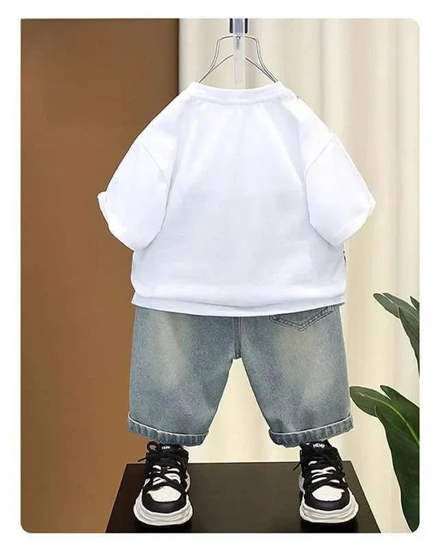 Boys Summer Clothing Set Letter Print Short Sleeved T-shirt+Denim Shorts 2Pcs Suit For Kids Handsome Casual Outfit - Boys
