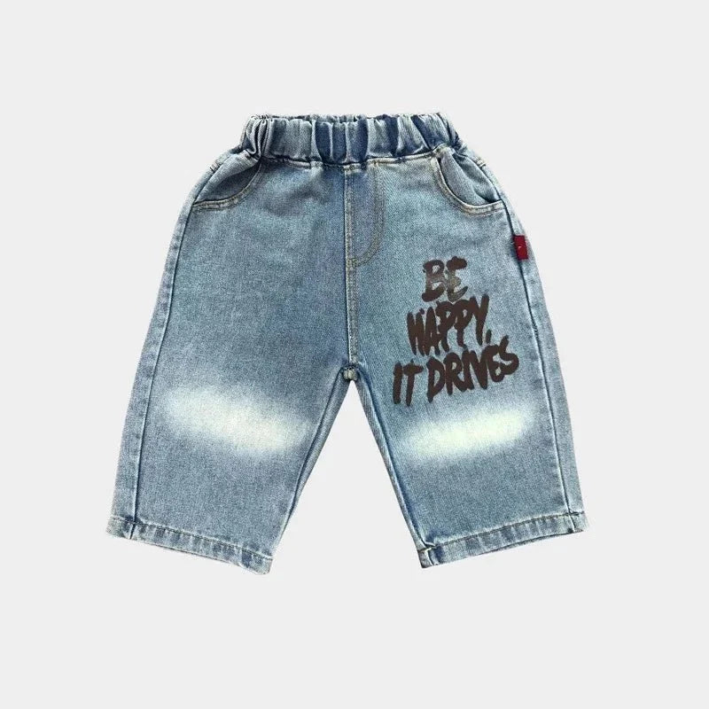 Boys Summer Clothing Set Letter Print Short Sleeved T-shirt+Denim Shorts 2Pcs Suit For Kids Handsome Casual Outfit - Boys