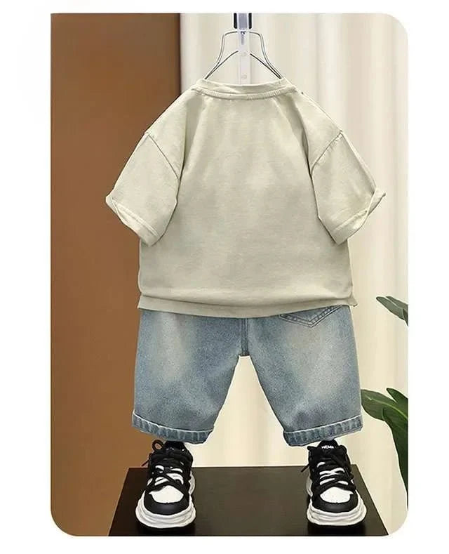 Boys Summer Clothing Set Letter Print Short Sleeved T-shirt+Denim Shorts 2Pcs Suit For Kids Handsome Casual Outfit - Boys
