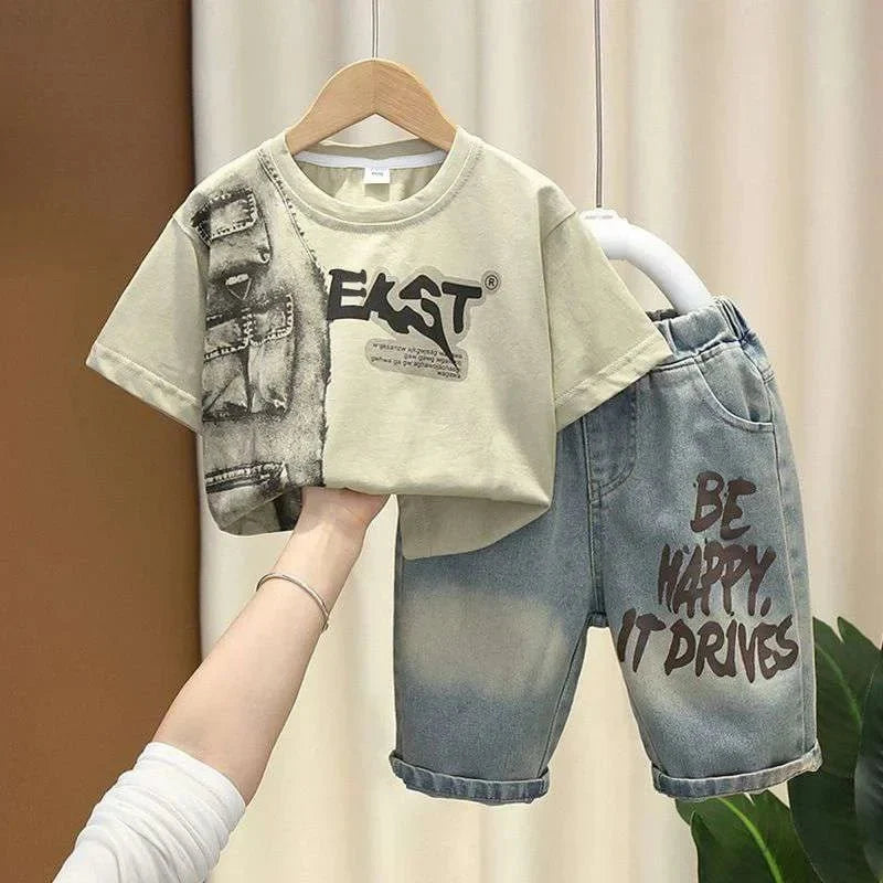 Boys Summer Clothing Set Letter Print Short Sleeved T-shirt+Denim Shorts 2Pcs Suit For Kids Handsome Casual Outfit - Boys