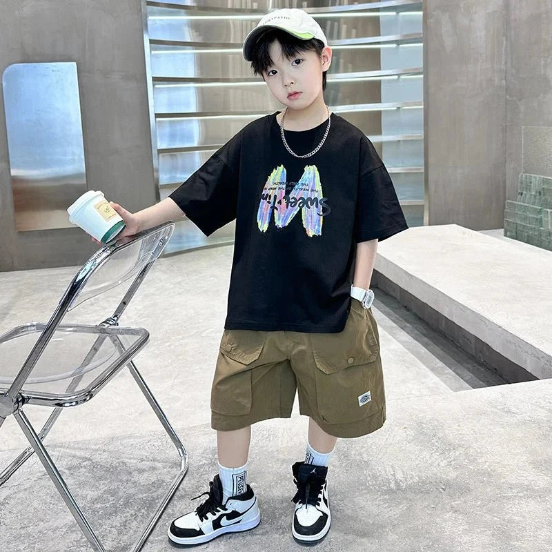 Boys Summer Clothing Sets Big Children Short-sleeved Top+Shorts Suits 2025 New Teenager T-shirt Loose Sports 2Pcs Outfits