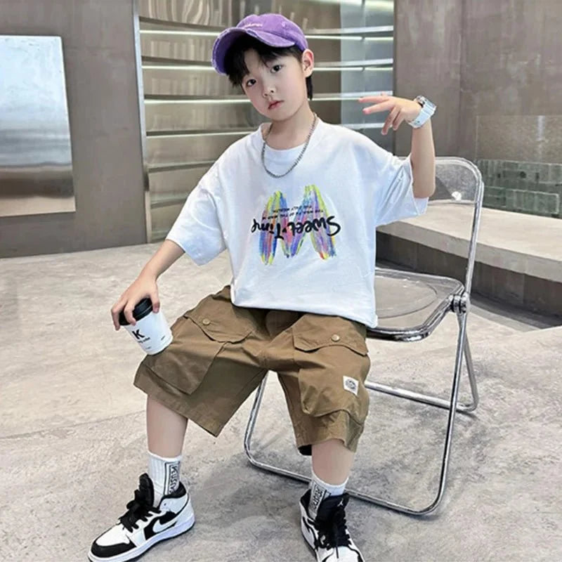 Boys Summer Clothing Sets Big Children Short-sleeved Top+Shorts Suits 2025 New Teenager T-shirt Loose Sports 2Pcs Outfits