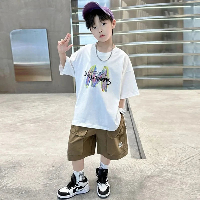 Boys Summer Clothing Sets Big Children Short-sleeved Top+Shorts Suits 2025 New Teenager T-shirt Loose Sports 2Pcs Outfits