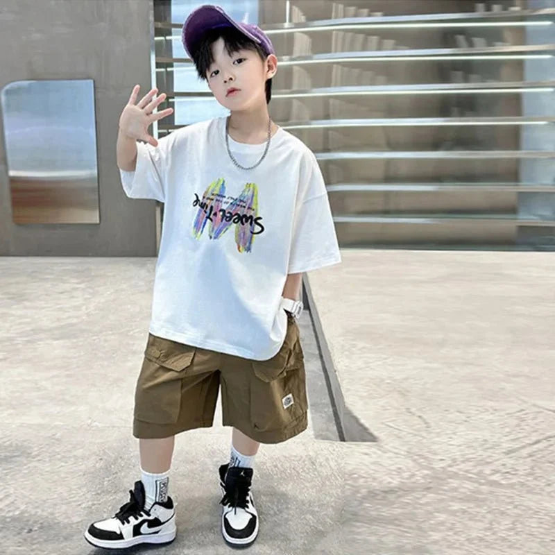 Boys Summer Clothing Sets Big Children Short-sleeved Top+Shorts Suits 2025 New Teenager T-shirt Loose Sports 2Pcs Outfits