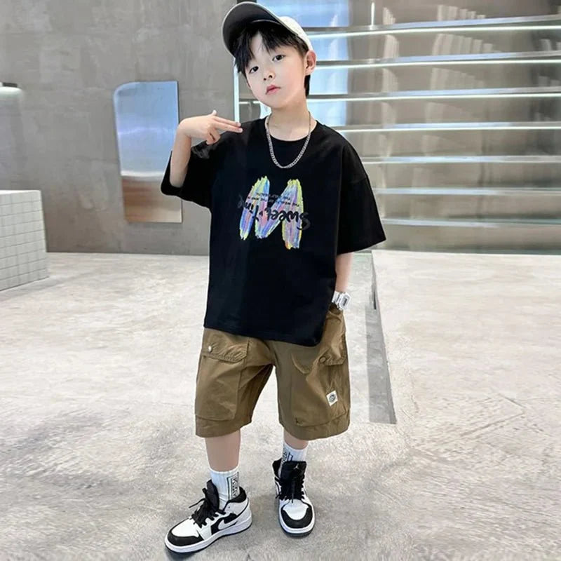 Boys Summer Clothing Sets Big Children Short-sleeved Top+Shorts Suits 2025 New Teenager T-shirt Loose Sports 2Pcs Outfits