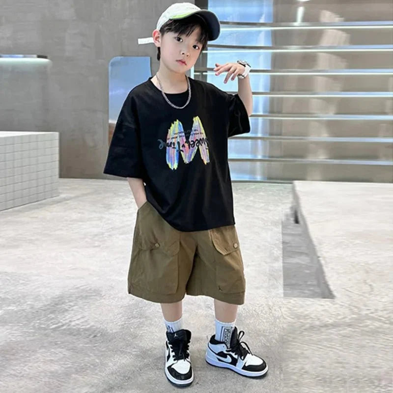 Boys Summer Clothing Sets Big Children Short-sleeved Top+Shorts Suits 2025 New Teenager T-shirt Loose Sports 2Pcs Outfits