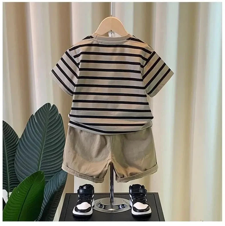 Boys Summer Outfit - Boys' summer outfit set Summer short sleeved shorts New children's striped baby two-piece set - Boys