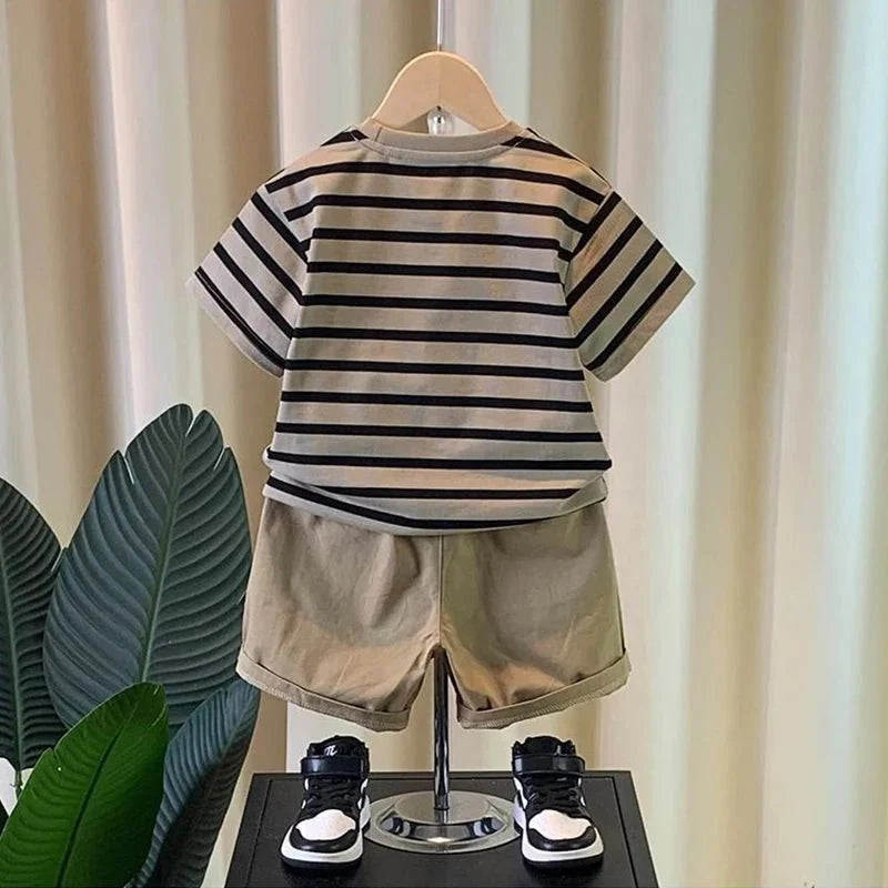 Boys Summer Outfit - Boys' summer outfit set Summer short sleeved shorts New children's striped baby two-piece set - Boys