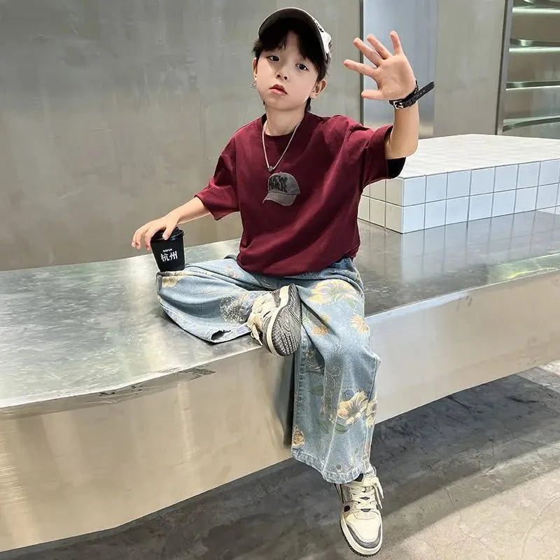 Boys Summer Outfit - Boys' Summer Outfit Sets New Style Children's Short Sleeved T-shirt Long Pants Two-piece Suits Big
