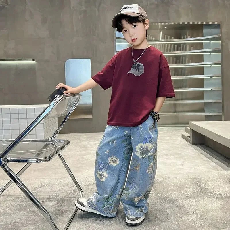 Boys Summer Outfit - Boys' Summer Outfit Sets New Style Children's Short Sleeved T-shirt Long Pants Two-piece Suits Big