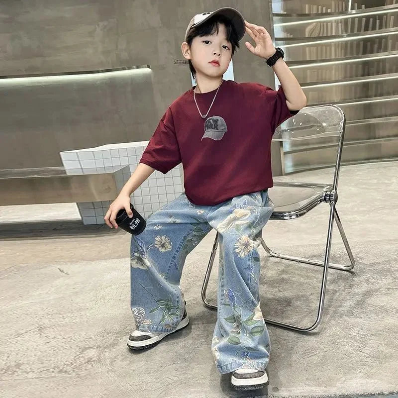 Boys Summer Outfit - Boys' Summer Outfit Sets New Style Children's Short Sleeved T-shirt Long Pants Two-piece Suits Big