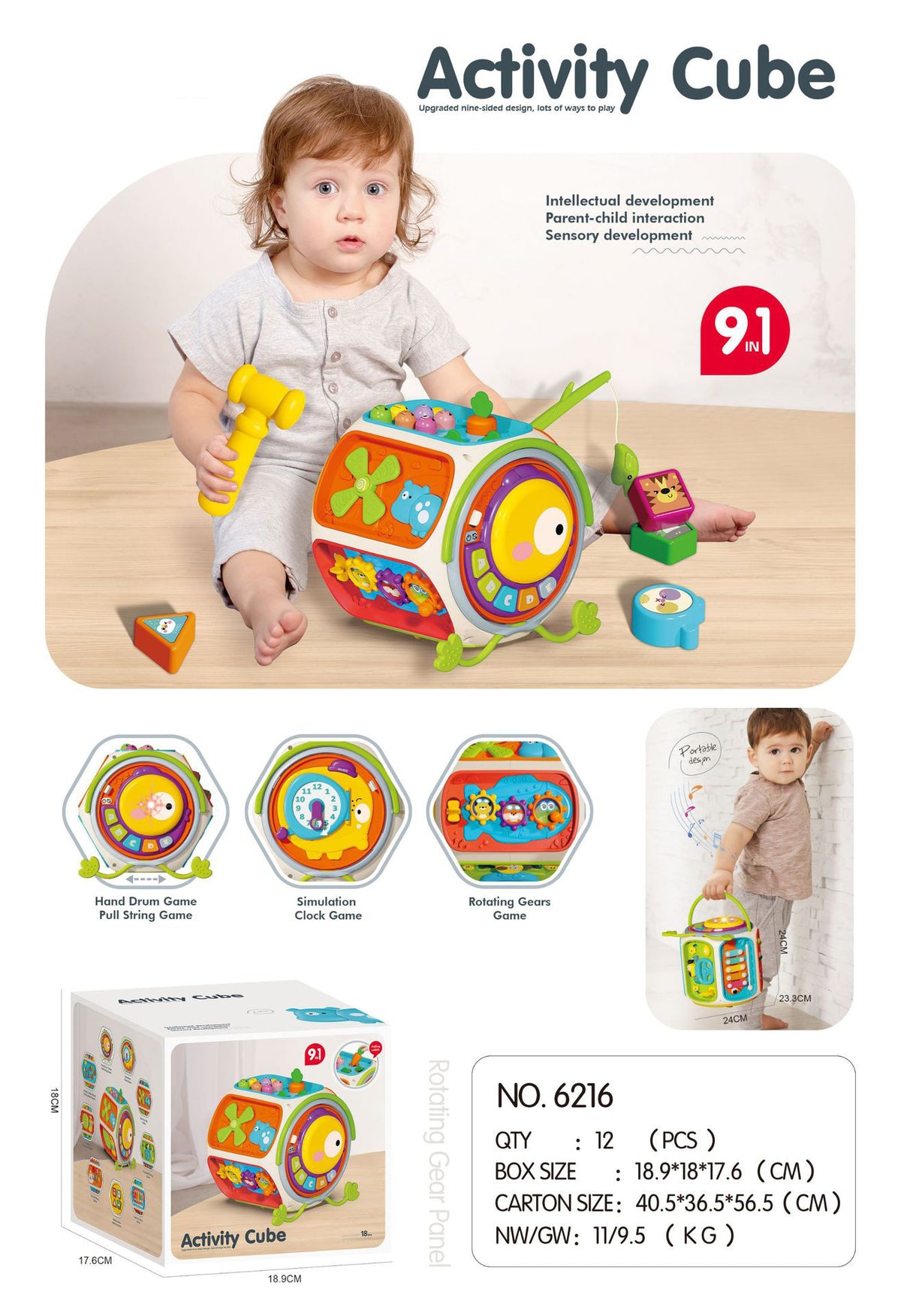 Cross-border Infant Polyhedron Hand-clapped Drum Baby Music Clap Drum Nine-sided Body Early Education Puzzle Toys for 0-3…