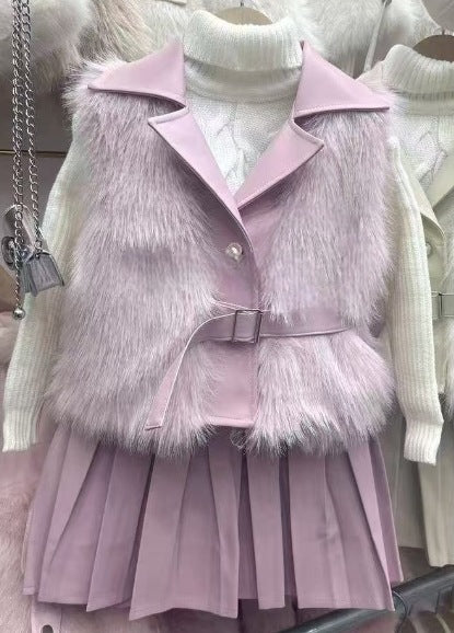 Girls' Autumn and Winter Fur Vest Three-Piece Set 2025 New Kidsren's Korean Style Baby Fur Vest + Leather Skirt - Pink /…
